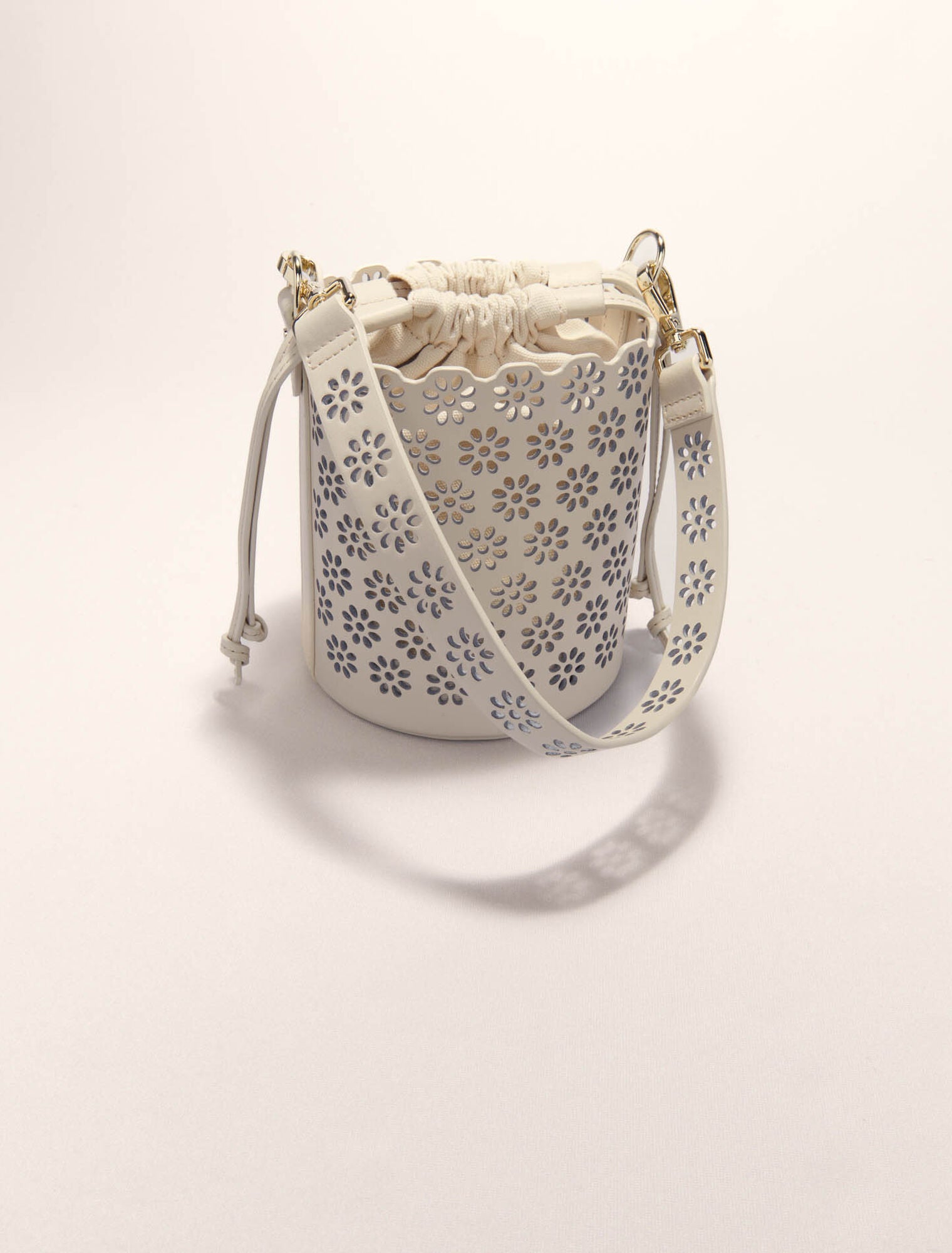Ecru-Perforated Leather Bucket Bag