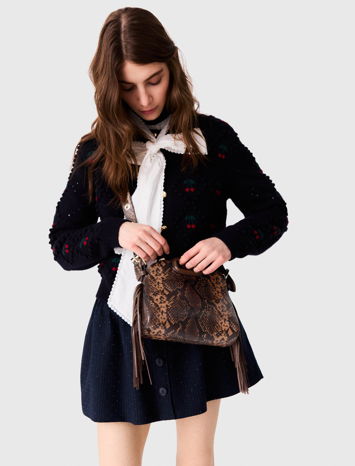 Miss M Mini embossed leather bag Brown Snake Print