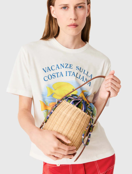 Wicker basket with printed pouch Natural