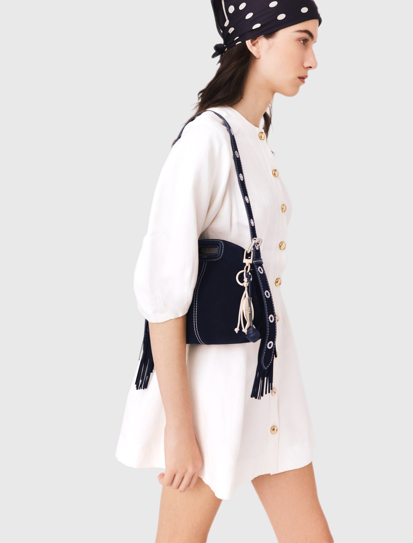 Topstitched suede mini Miss M bag Marine Blue