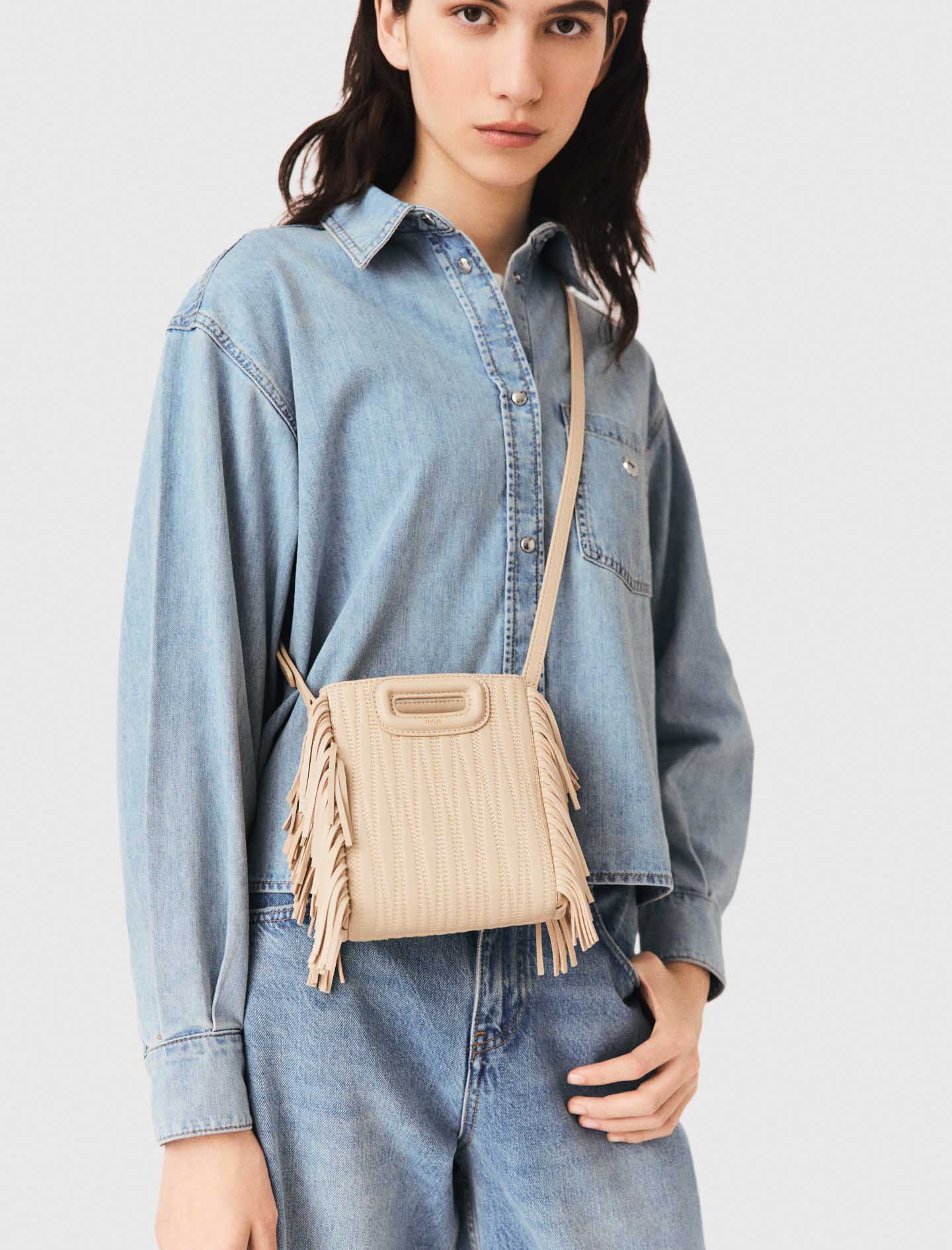 Topstitched leather mini M bag Cream
