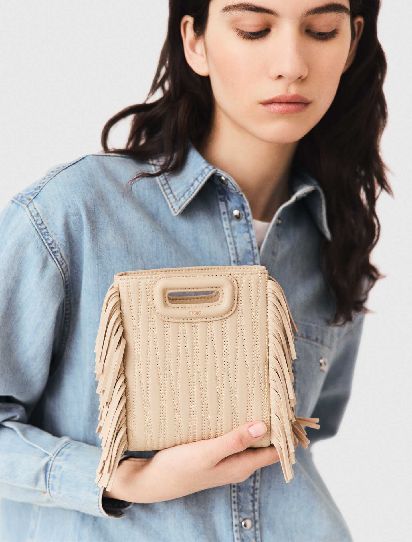 Topstitched leather mini M bag Cream