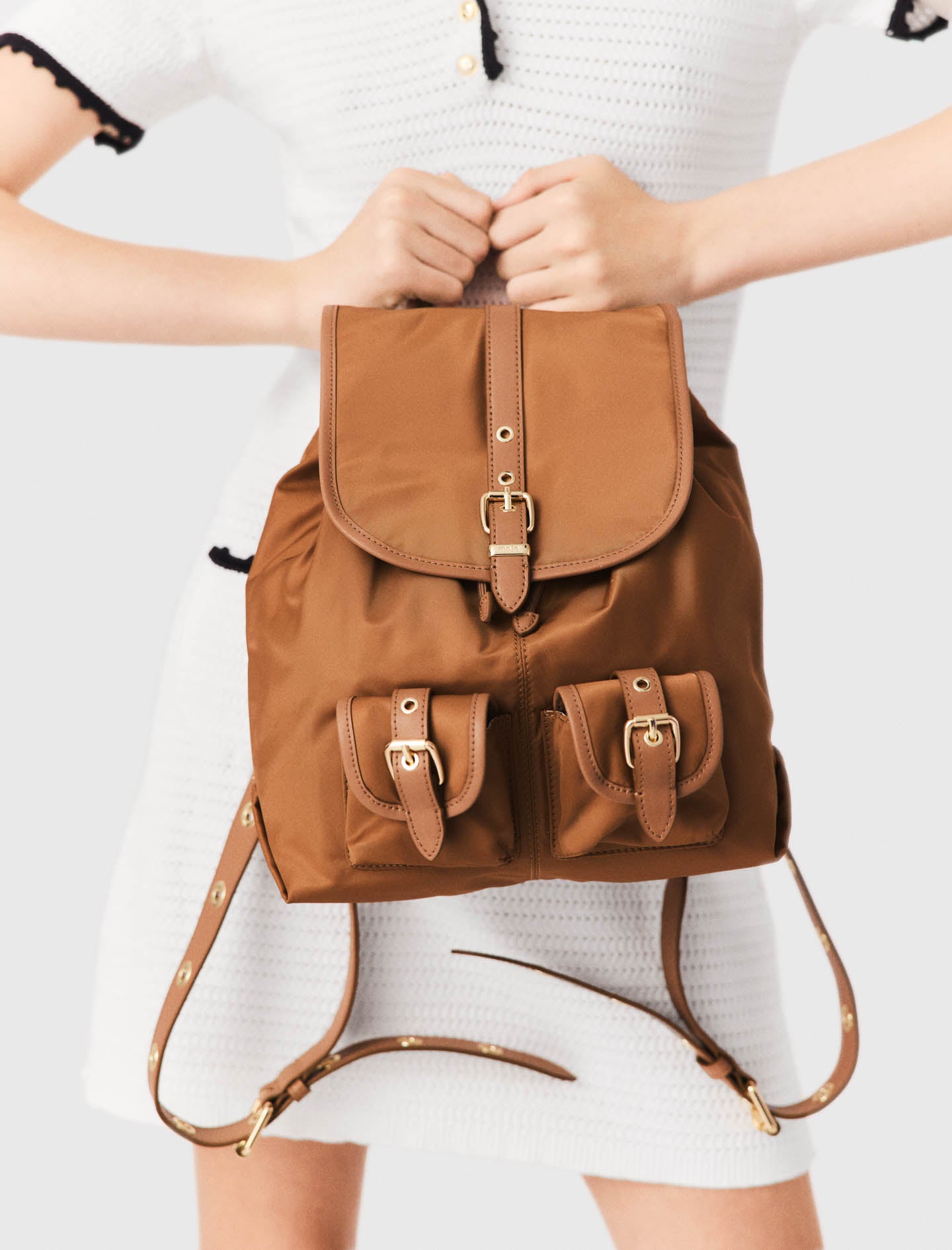 Leather and nylon backpack Camel