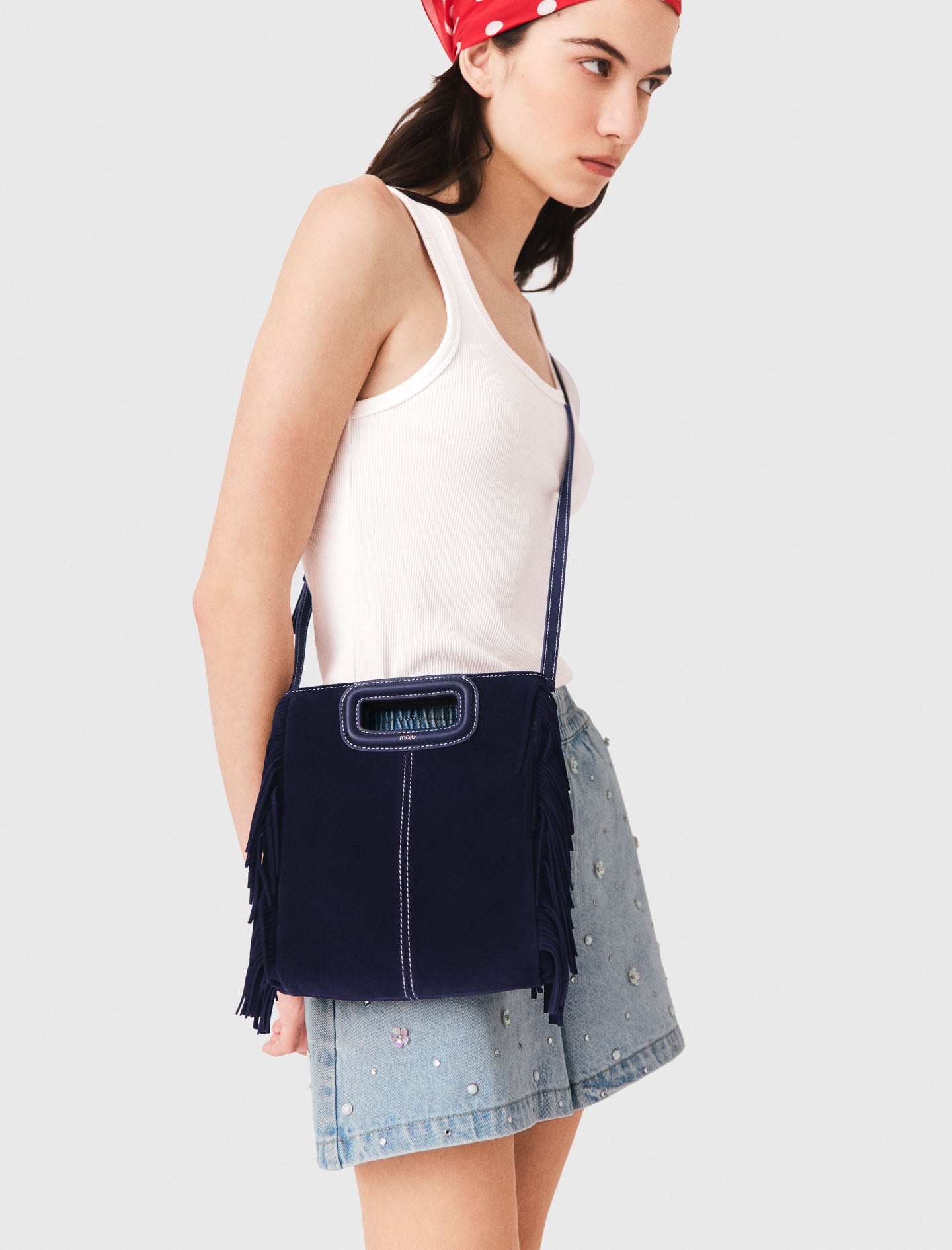 Topstitched suede M bag Marine Blue