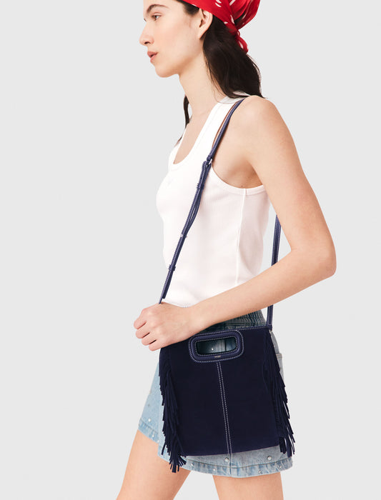 Topstitched suede M bag Marine Blue