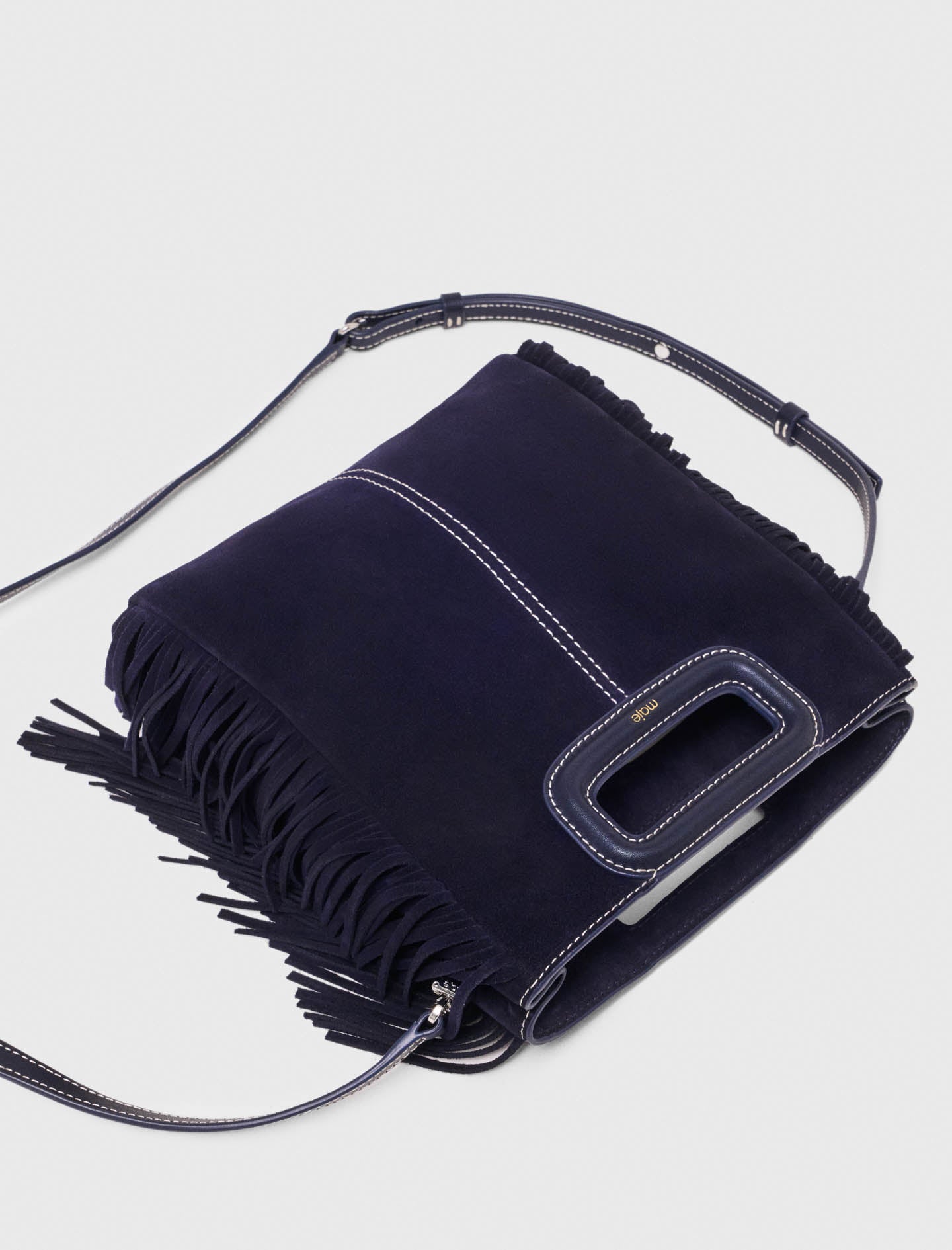 Topstitched suede M bag Marine Blue