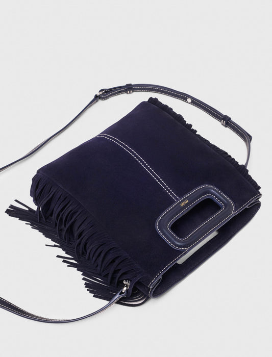 Topstitched suede M bag Marine Blue