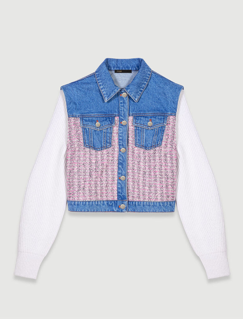 Pink/Ecru-Denim and tweed cropped jacket