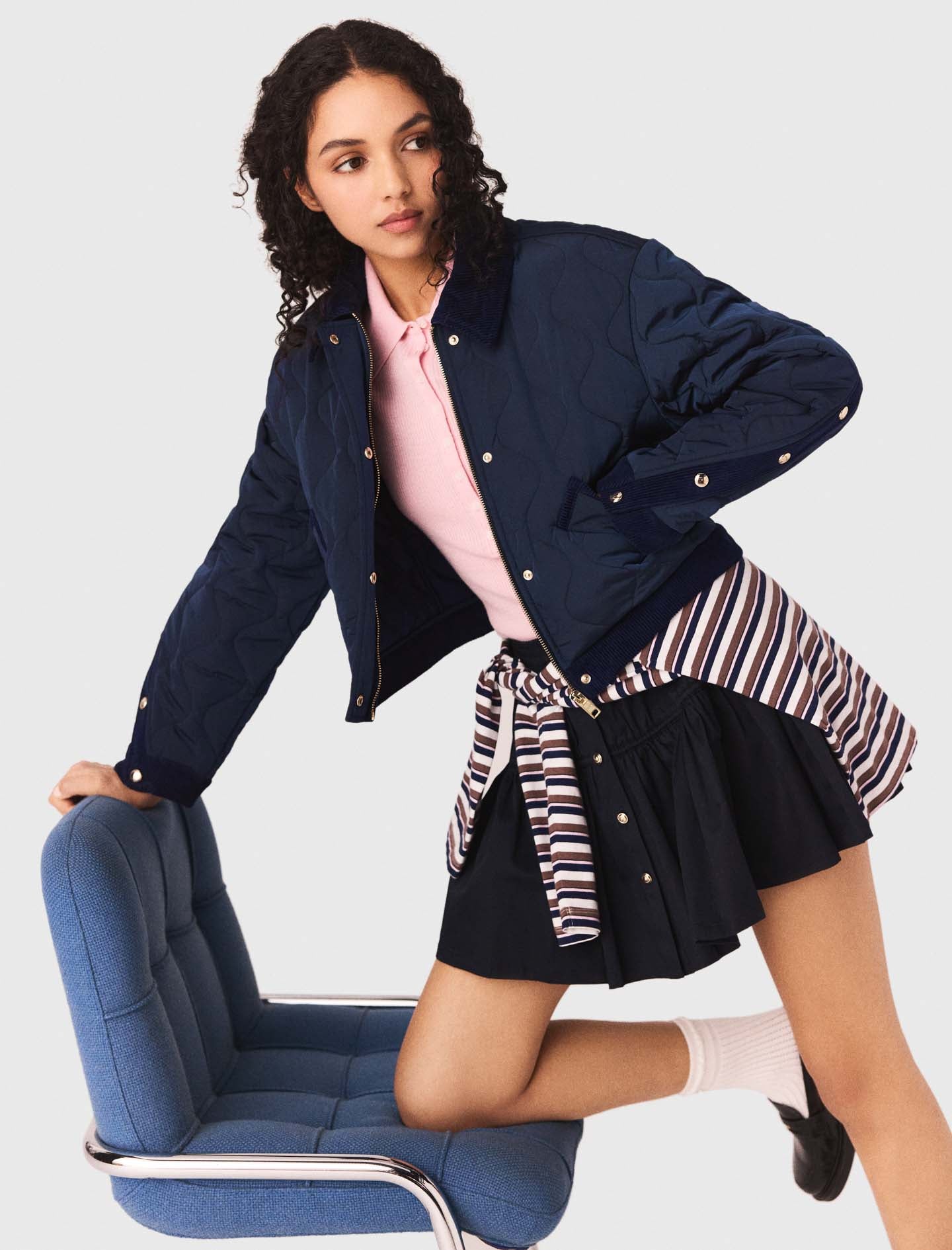 Quilted Jacket With Velvet Details NAVY