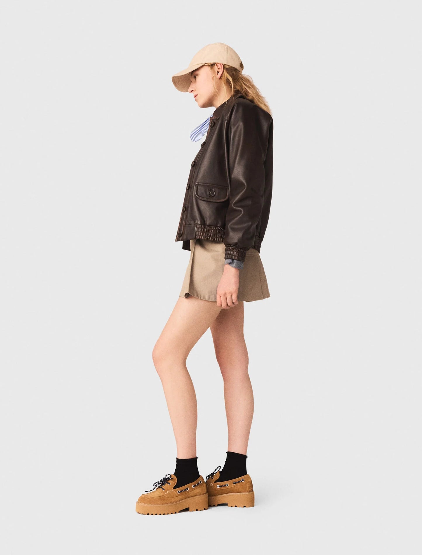 Cropped Leather Jacket Brown