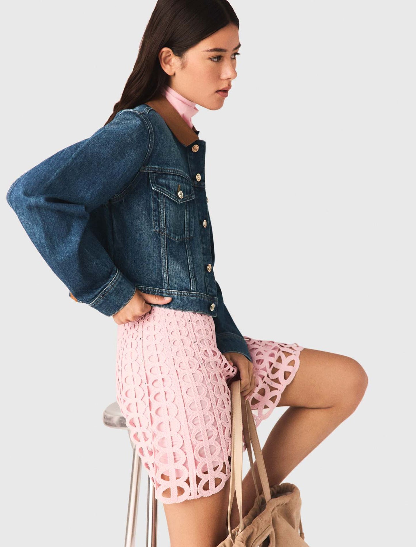 Denim Jacket With Leather Collar Blue