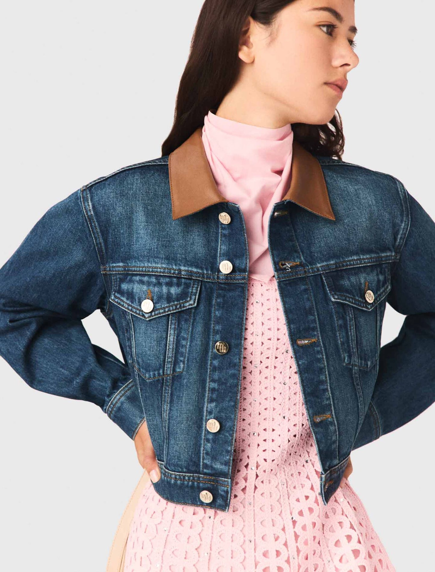 Denim Jacket With Leather Collar Blue