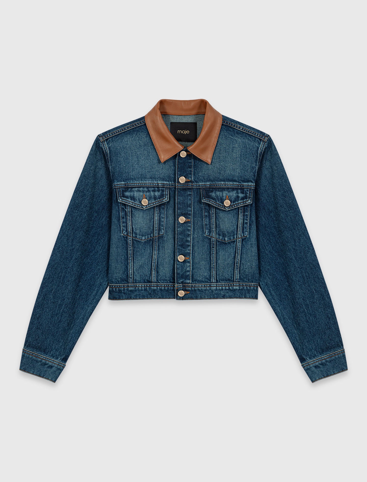 Denim Jacket With Leather Collar Blue