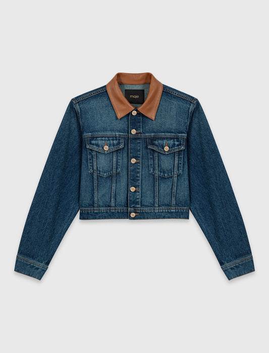 Denim Jacket With Leather Collar Blue