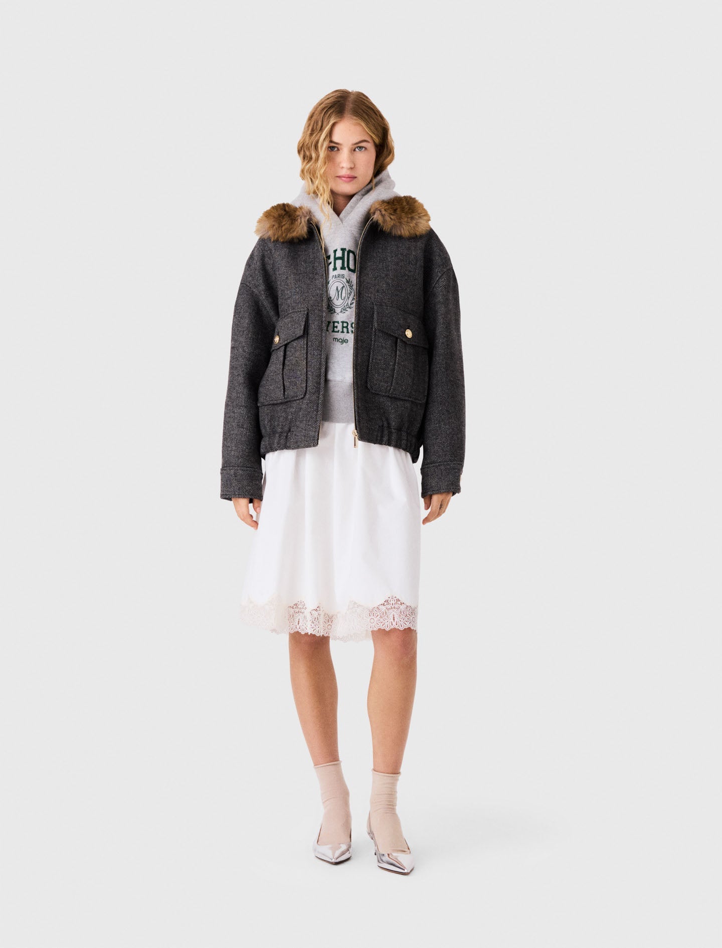 Oversized Herringbone Jacket Dark Grey