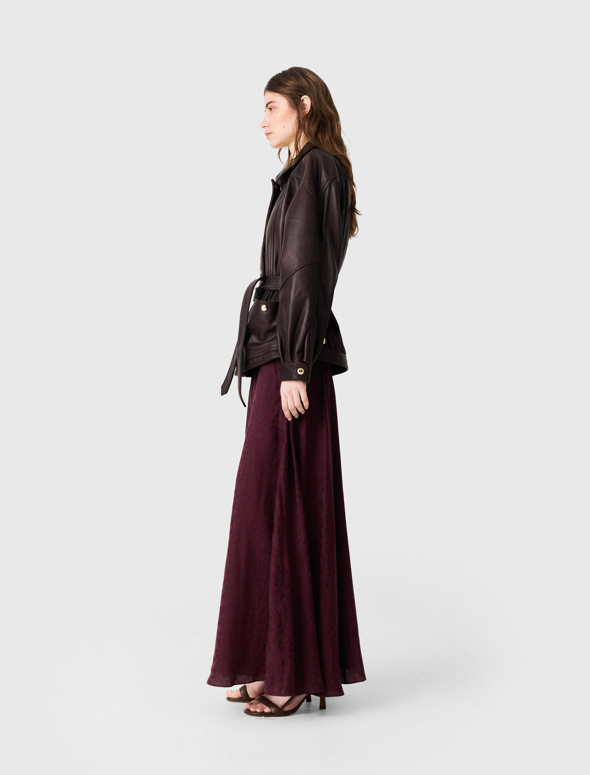 Oversize gold-button leather jacket Brown