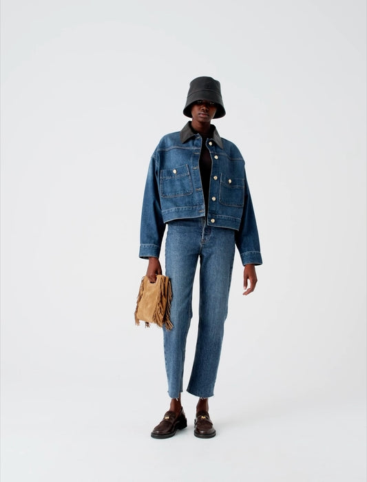 Denim and leather jacket Blue