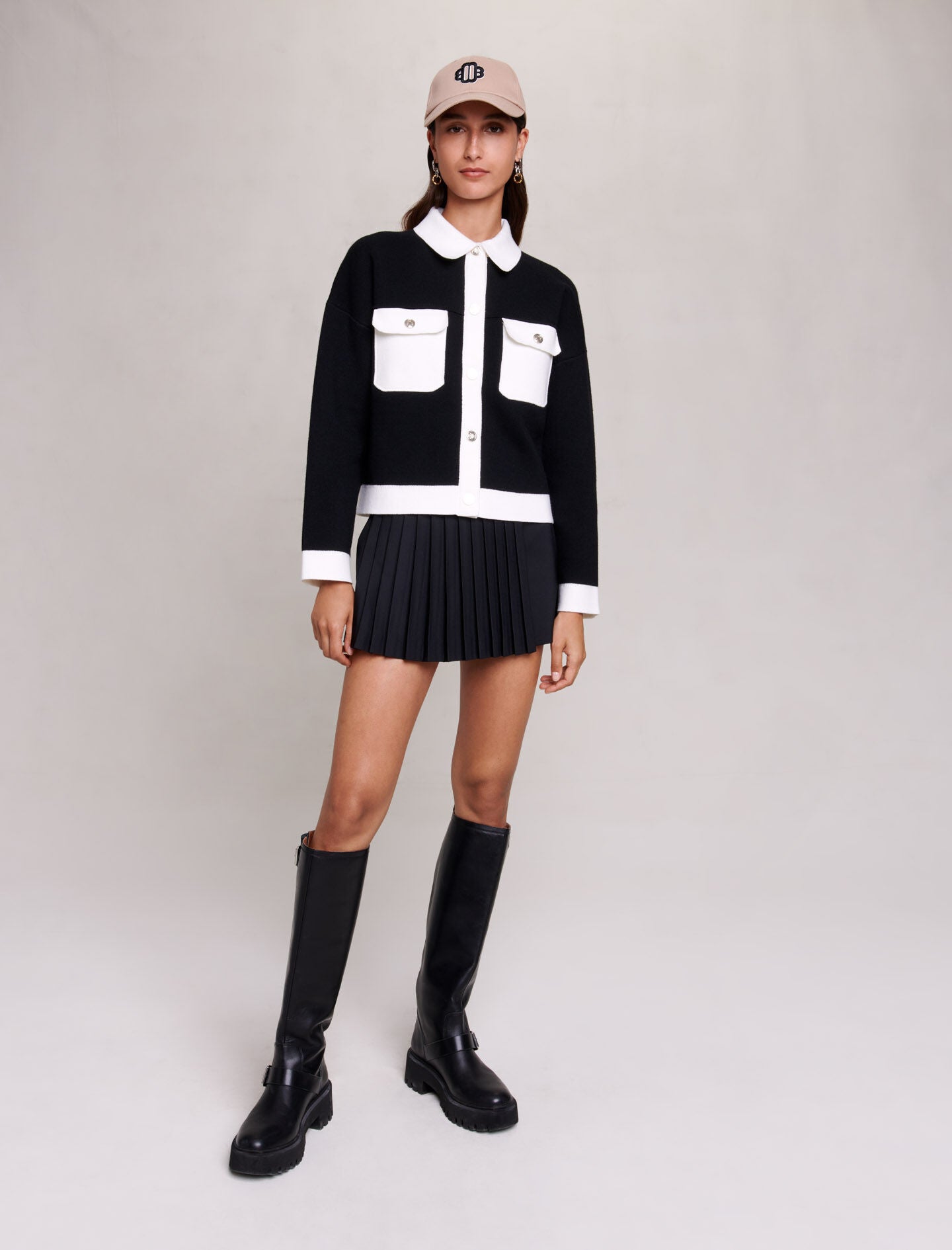 Black/Ecru-featured-knit cardigan jacket