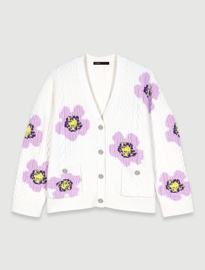 Ecru-Knit cardigan with flowers