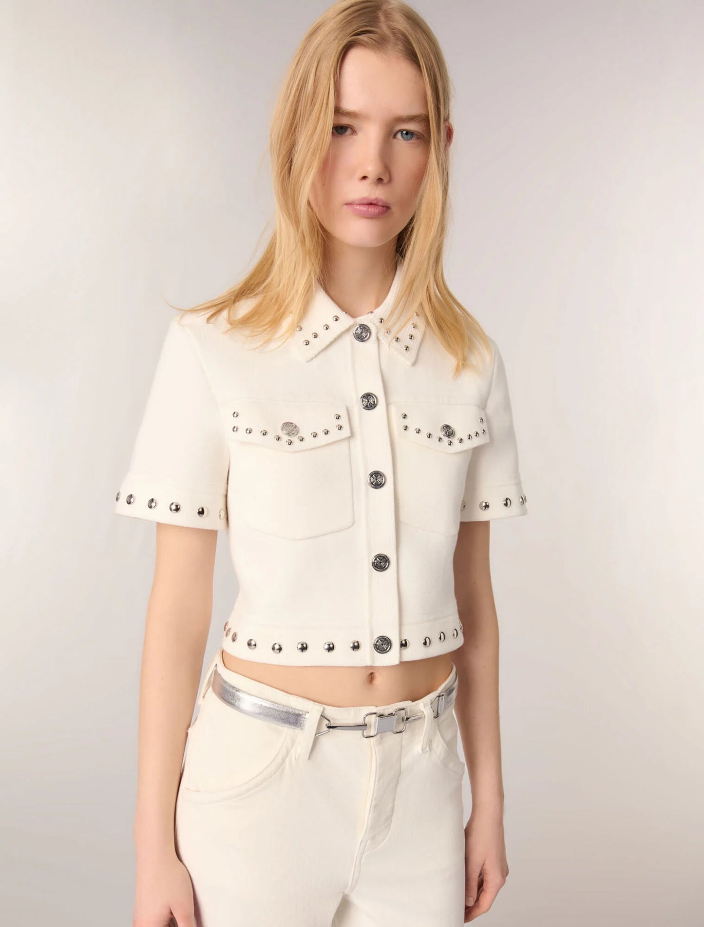 Ecru-Studded cropped cardigan