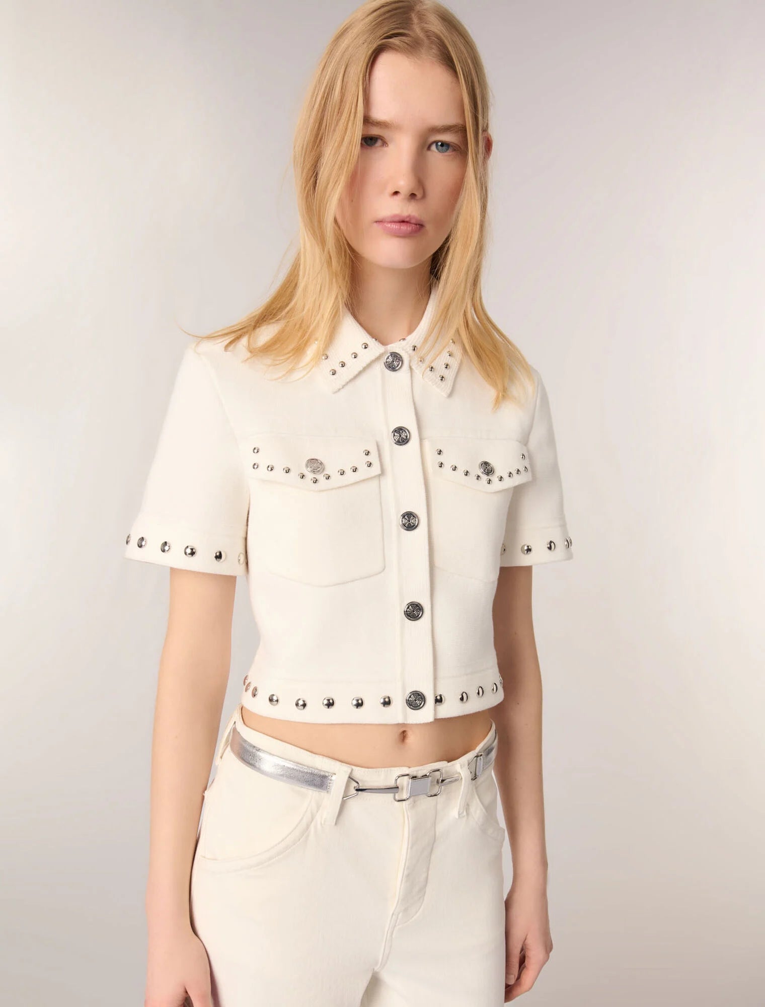 Ecru-Studded cropped cardigan