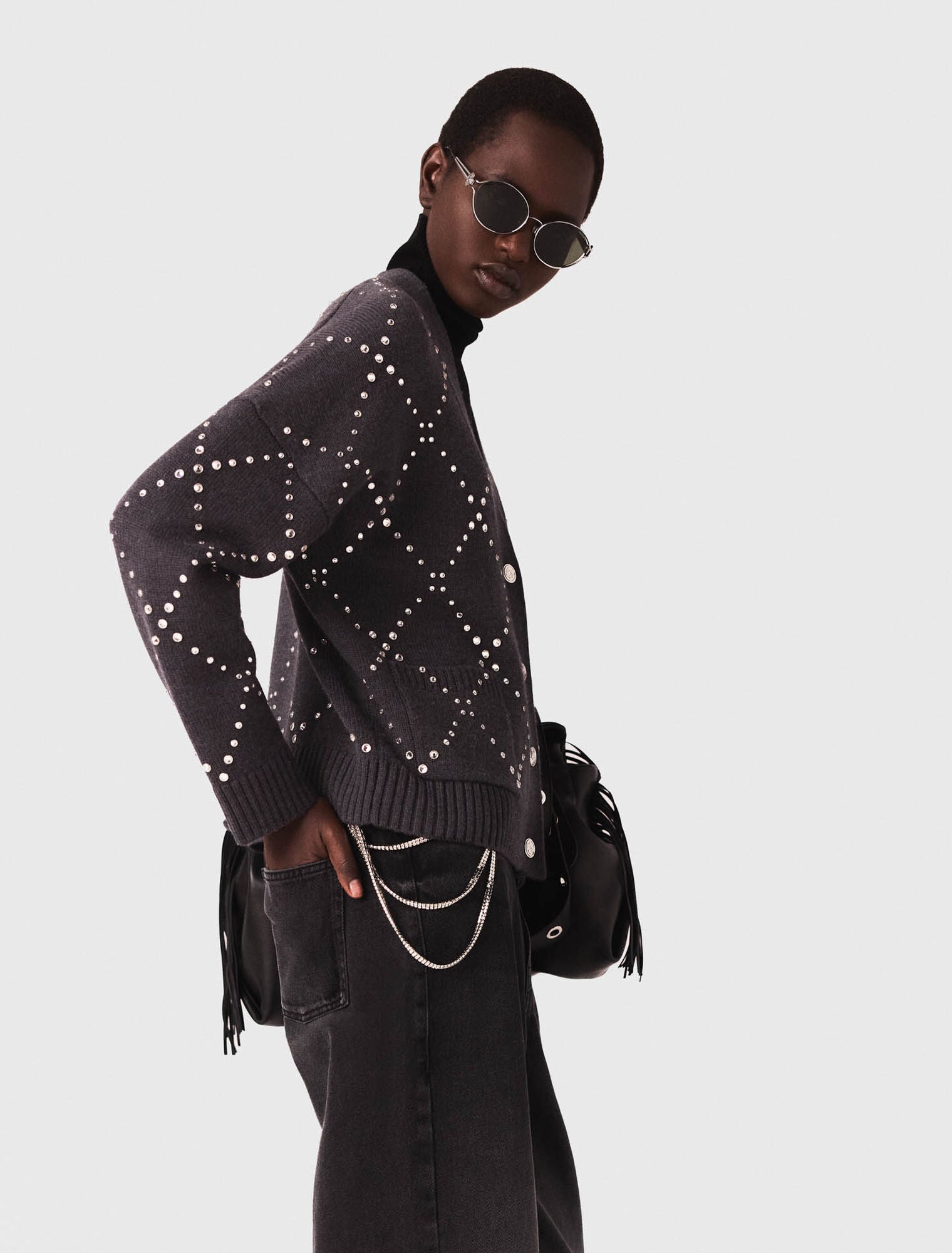 Rhinestone check cardigan