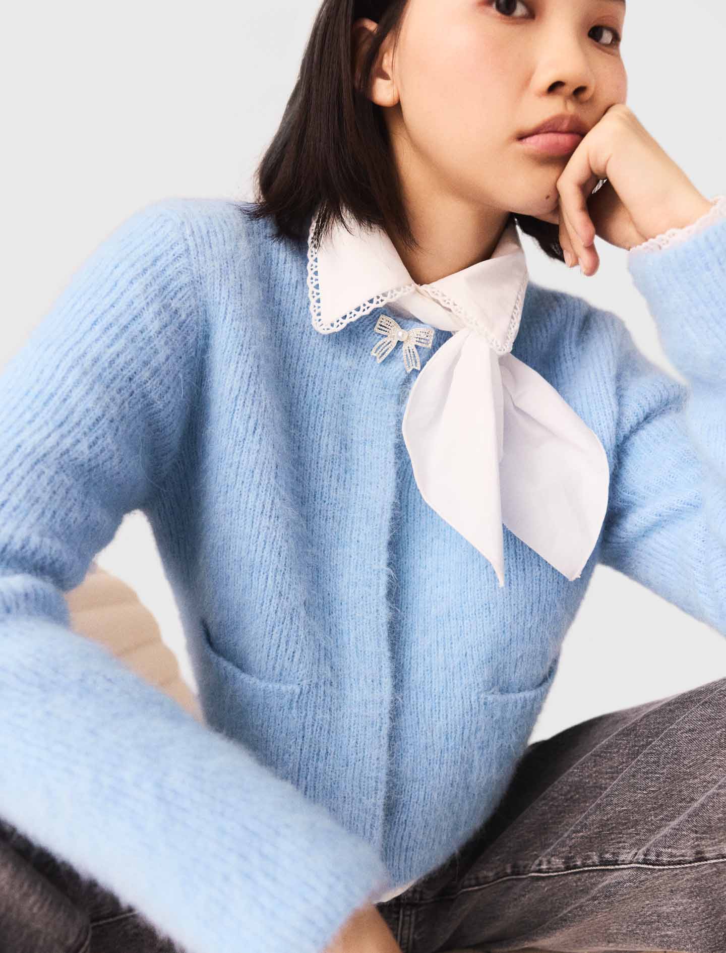 Jewelled Bow Cardigan BLUE SKY