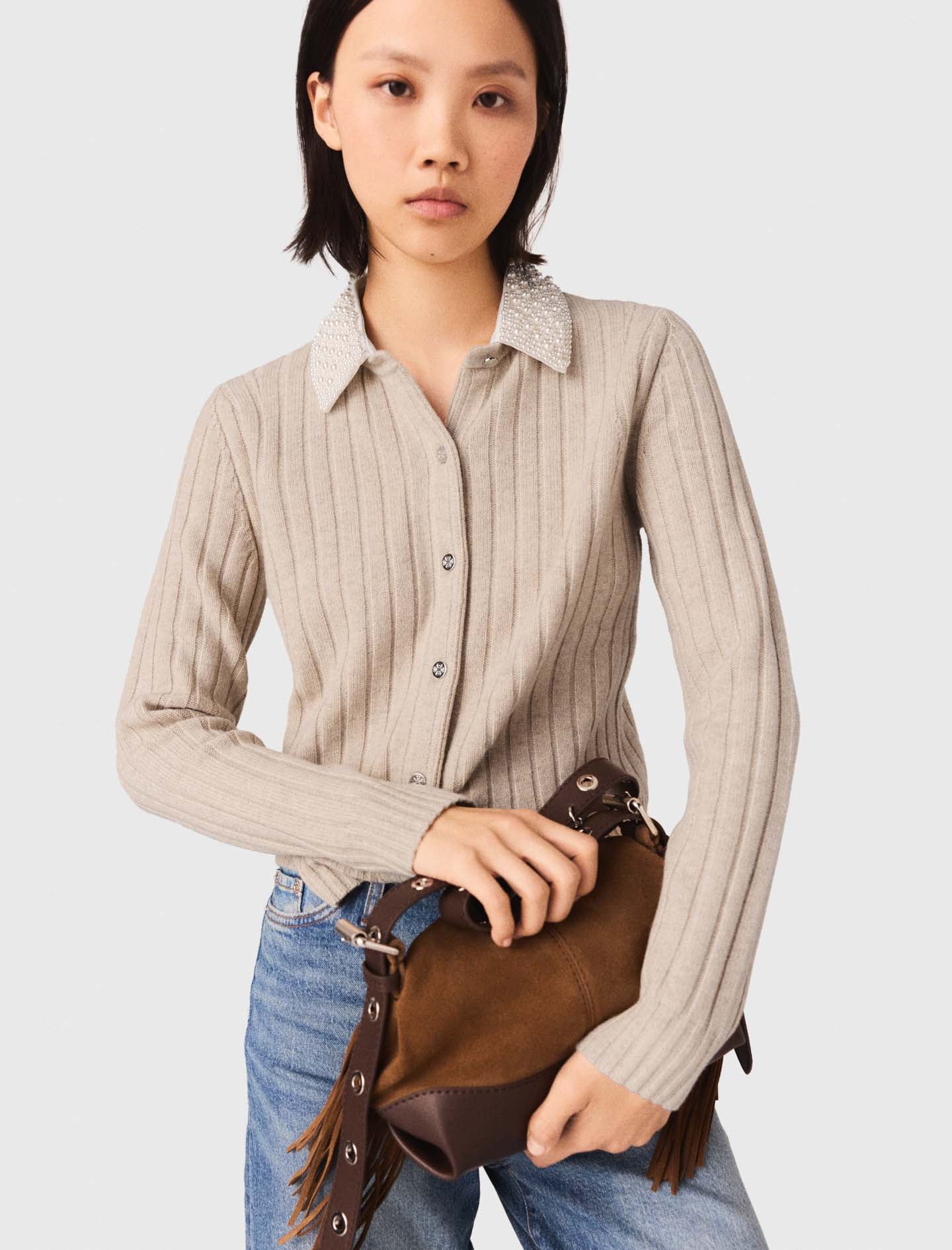 Cardigan With Removable Bead Collar BEIGE