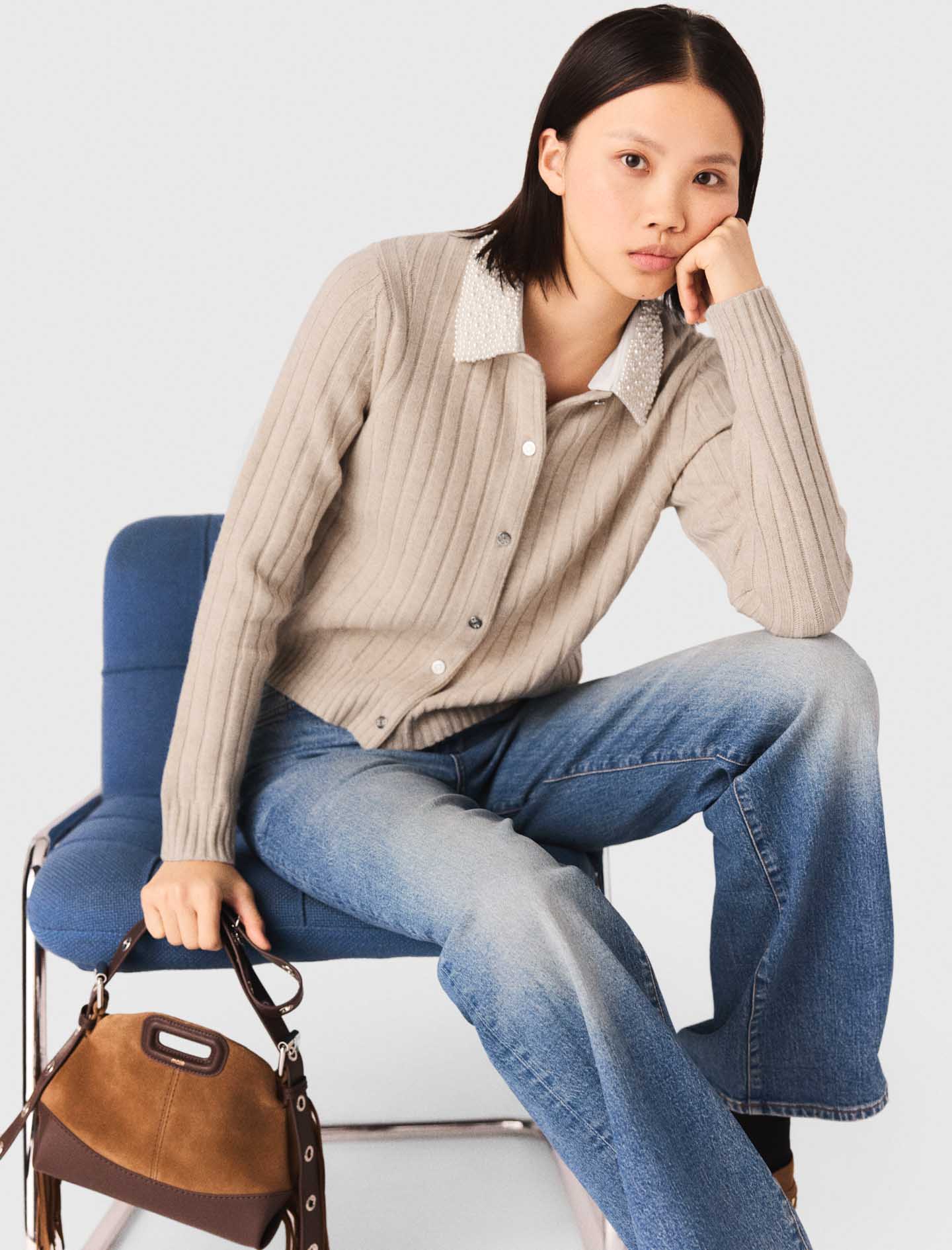 Cardigan With Removable Bead Collar BEIGE