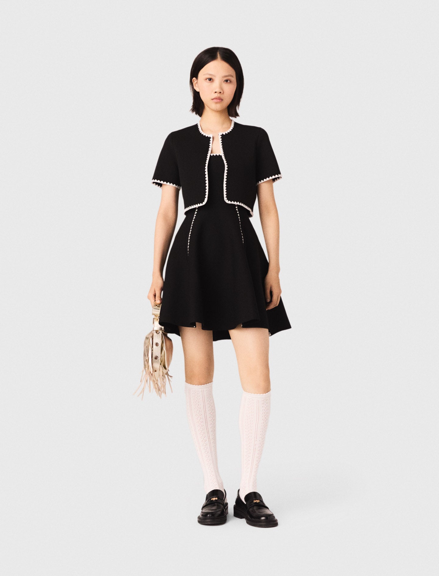 Topstitched Cropped Cardigan BLACK