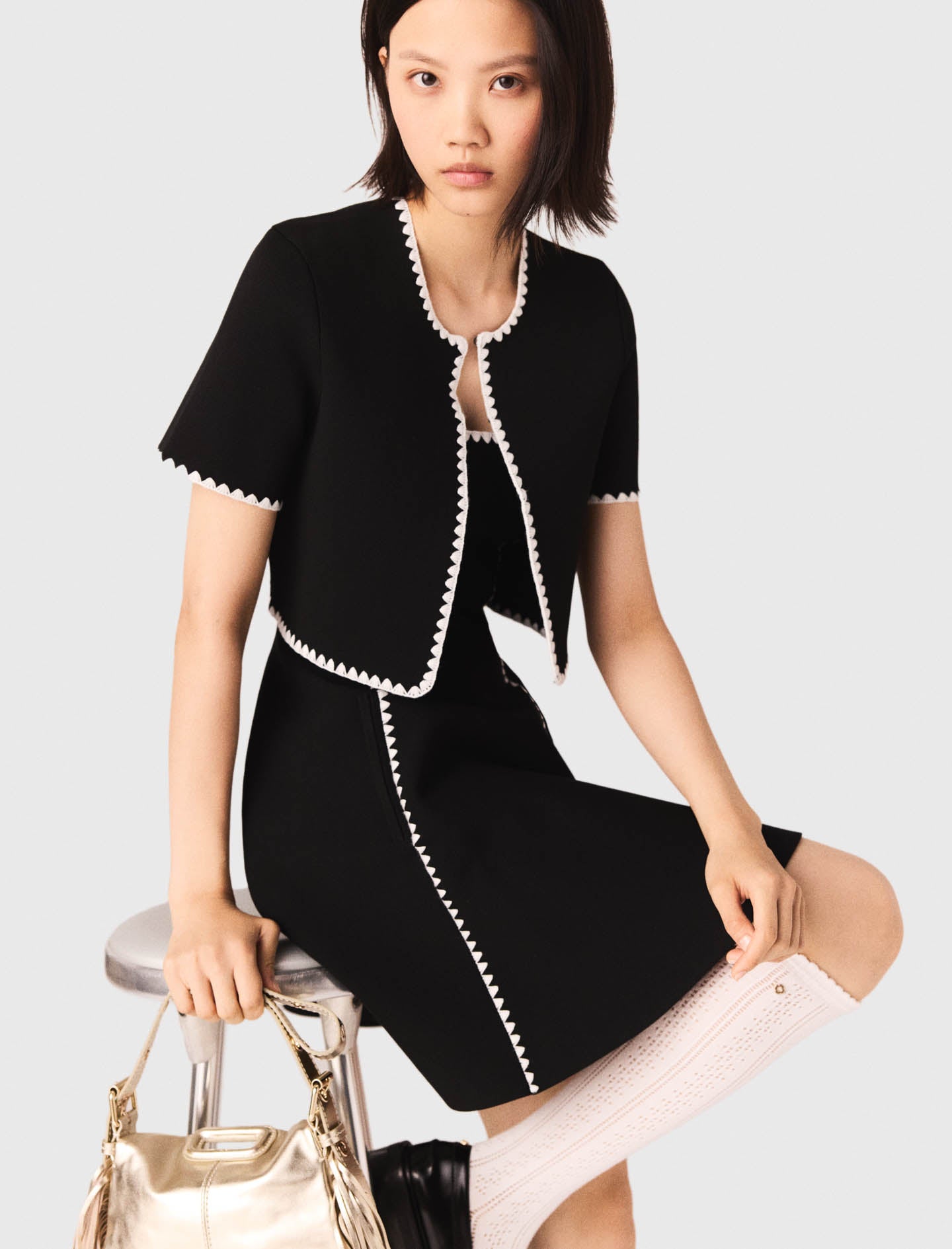 Topstitched Cropped Cardigan BLACK