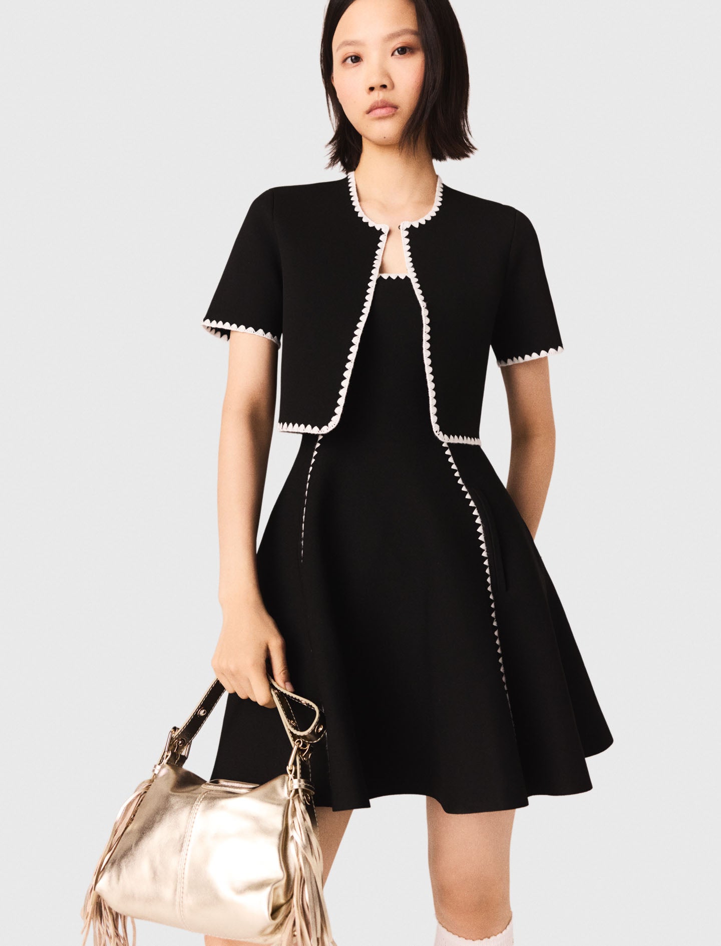 Topstitched Cropped Cardigan BLACK