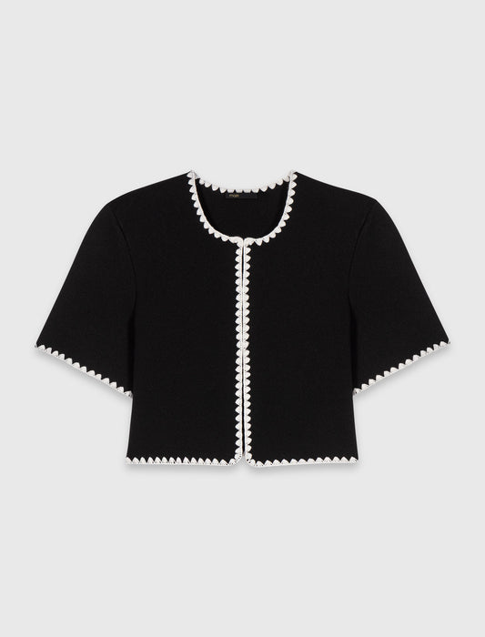 Topstitched Cropped Cardigan BLACK