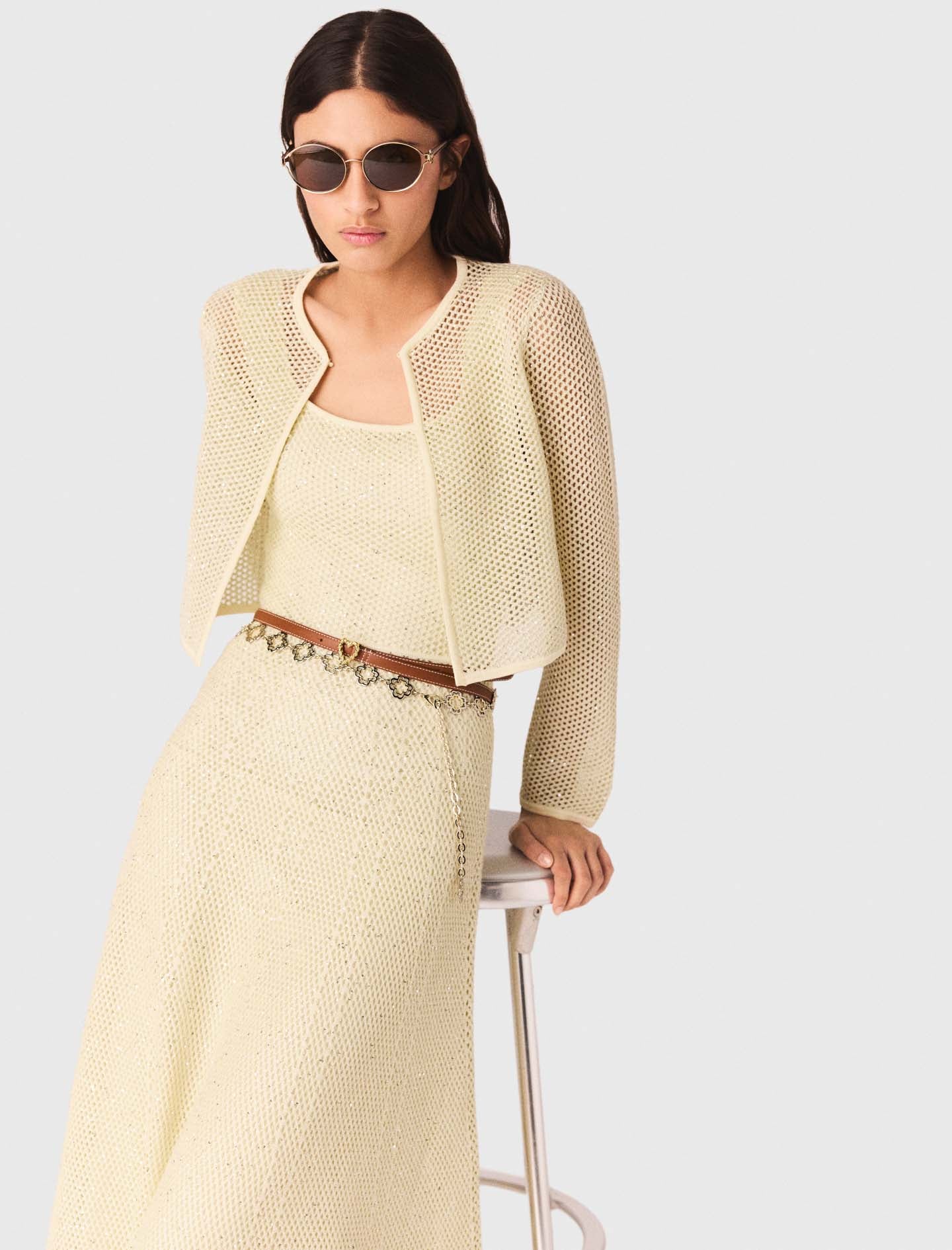 Rhinestone Knit Cardigan PALE YELLOW