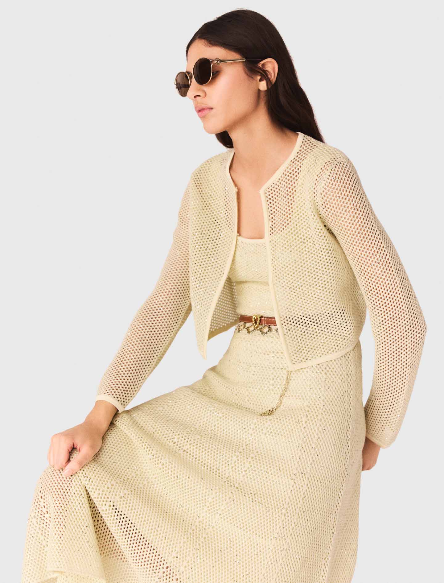Rhinestone Knit Cardigan PALE YELLOW