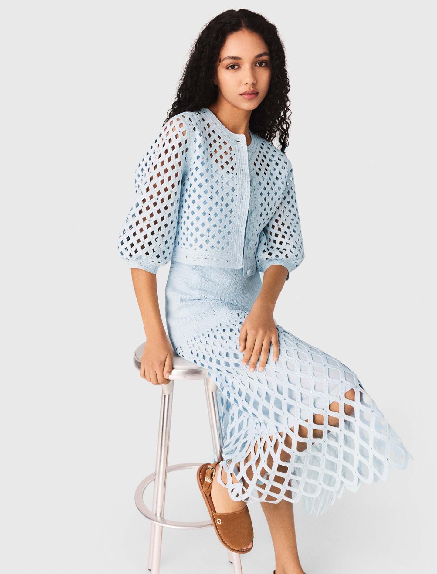 Rhinestone Crochet Cardigan BLUE SKY