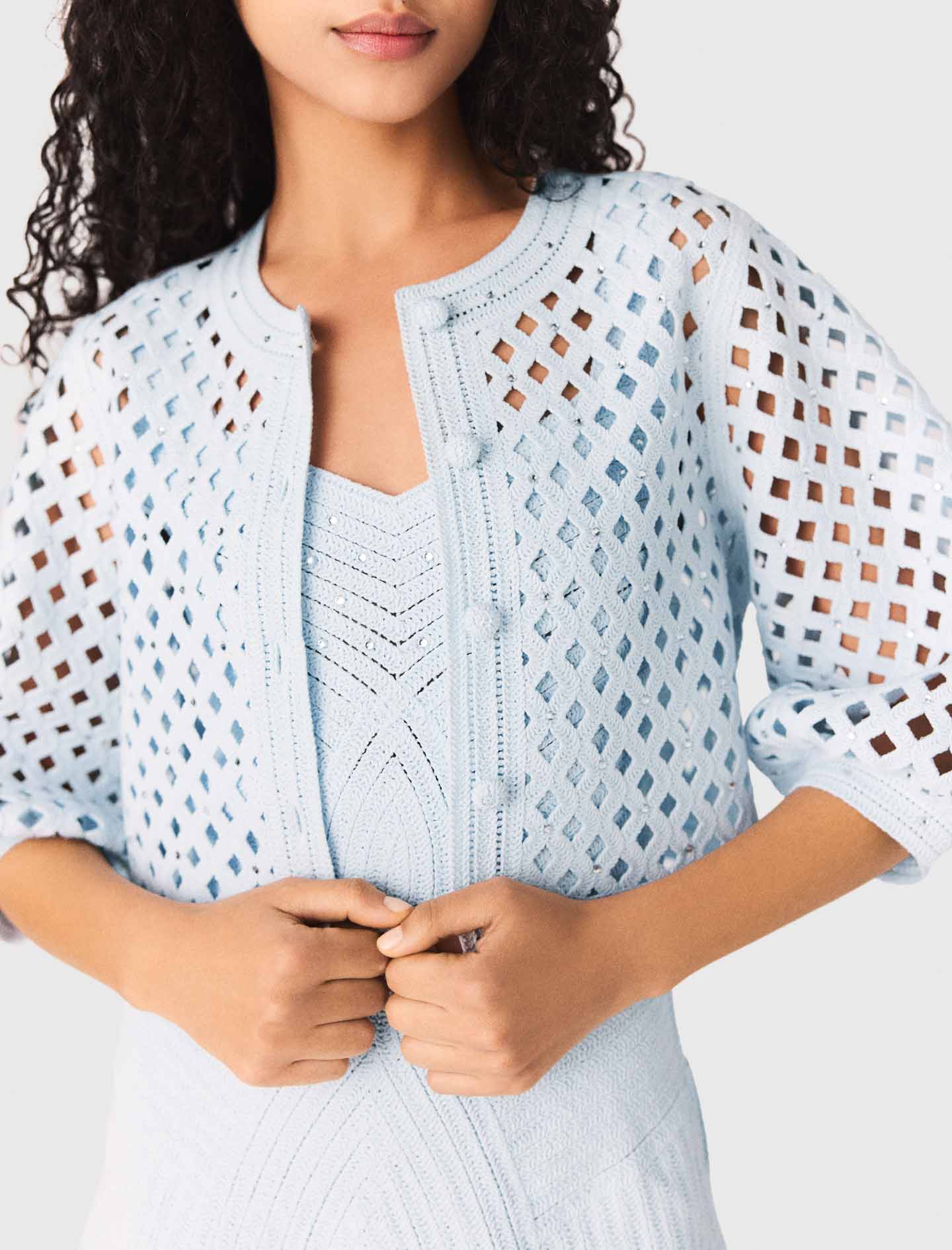 Rhinestone Crochet Cardigan BLUE SKY