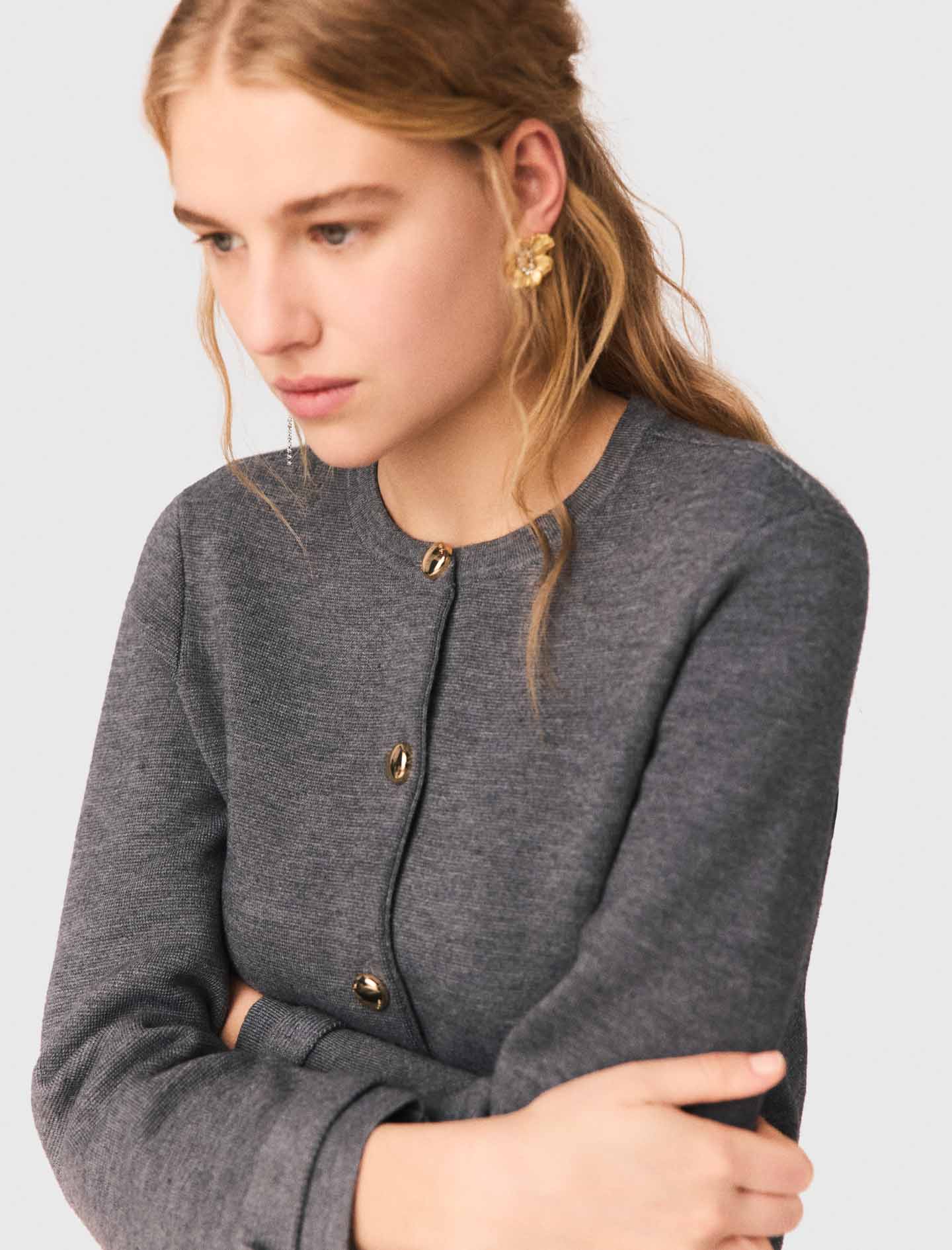 Removable Striped Collar Cardigan LIGHT GREY