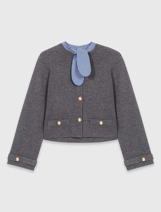 Removable Striped Collar Cardigan LIGHT GREY