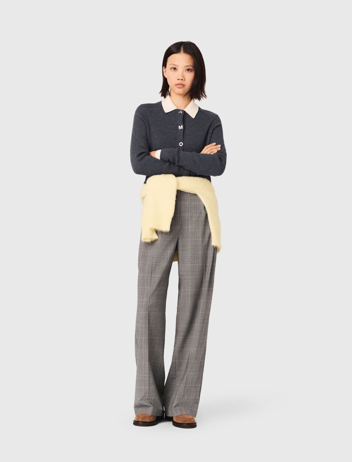 Round-Neck Rib Knit Cardigan GREY