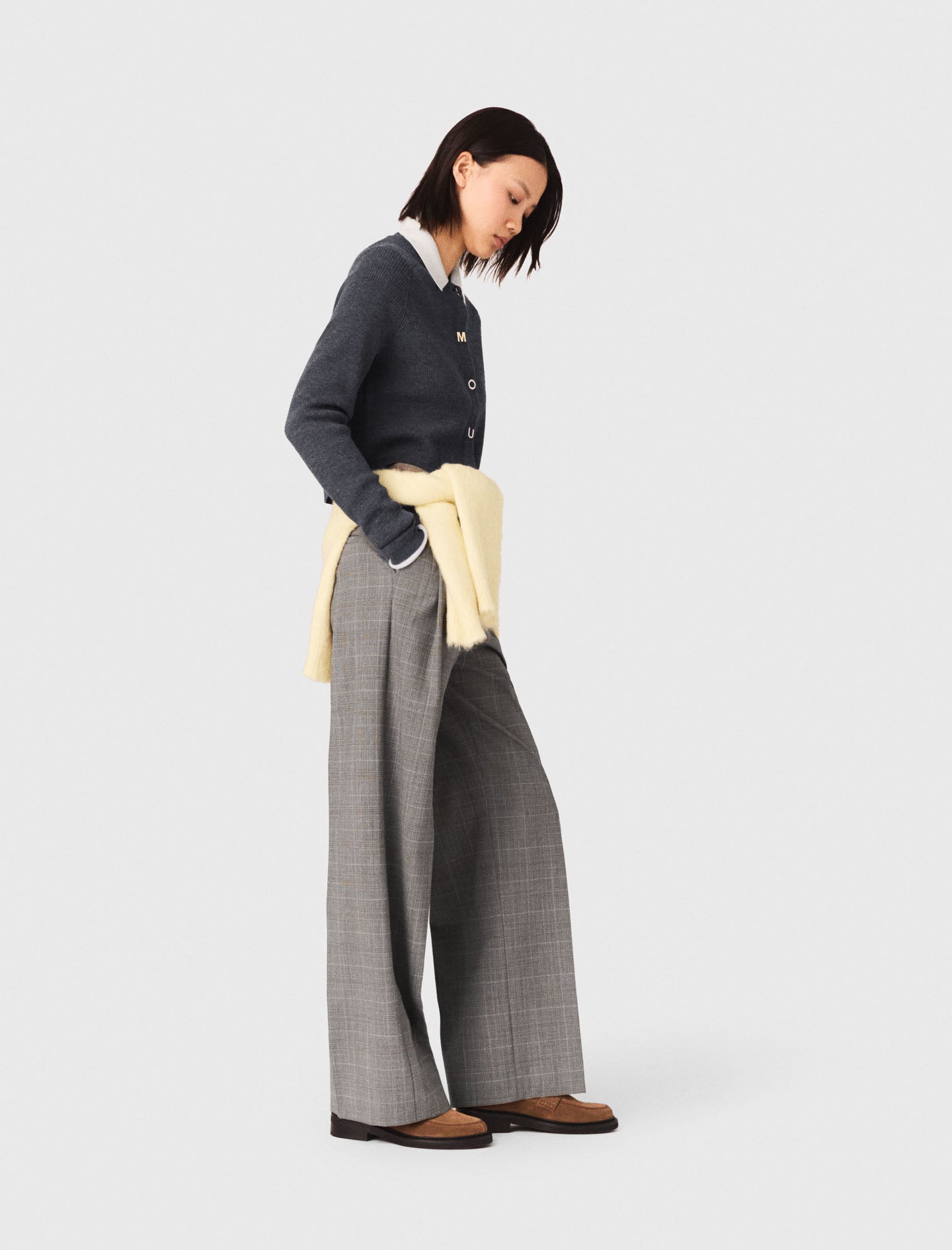 Round-Neck Rib Knit Cardigan GREY