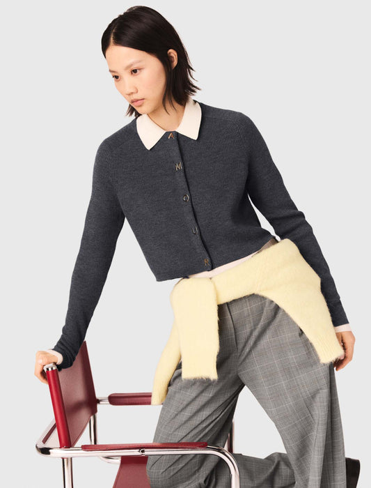 Round-Neck Rib Knit Cardigan GREY