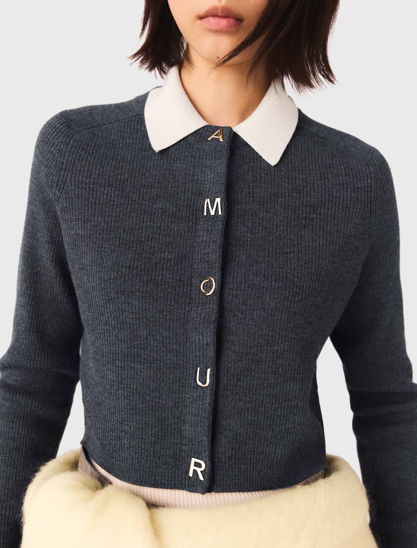 Round-Neck Rib Knit Cardigan GREY