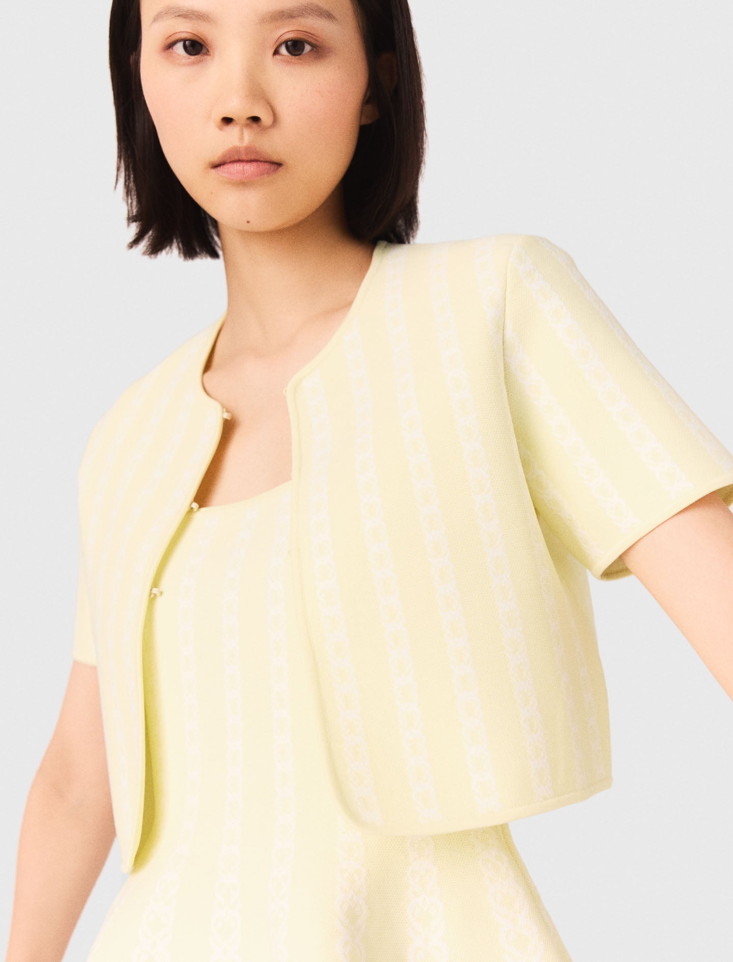 Cropped Fancy Knit Cardigan PALE YELLOW