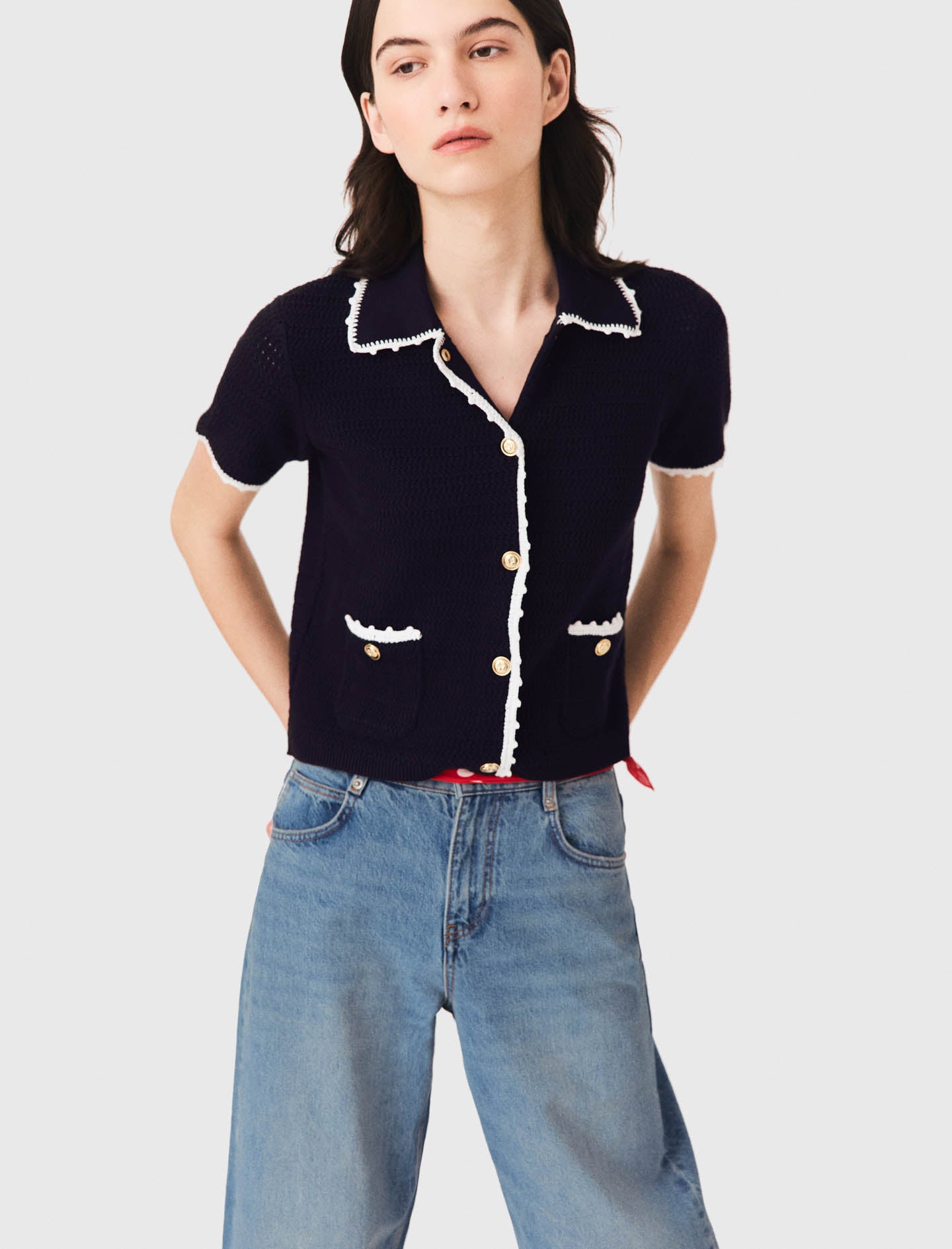 Cardigan with crochet trim Navy