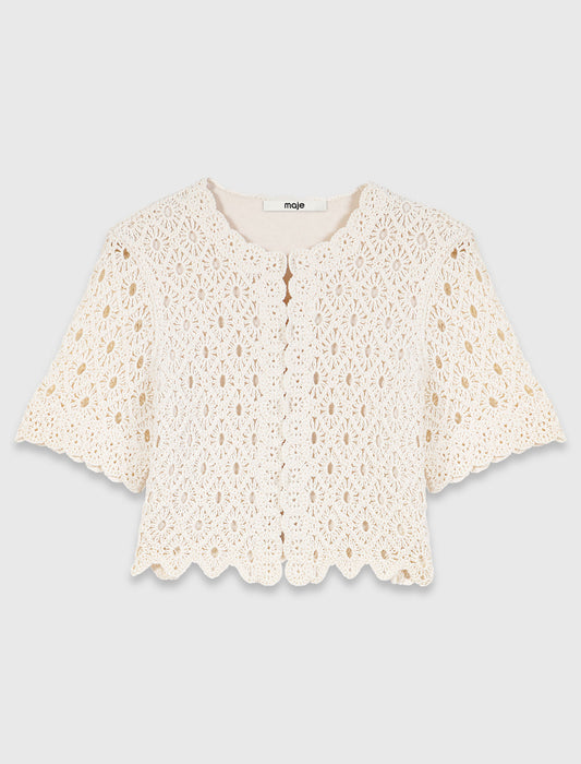Fringed crochet cardigan Ecru