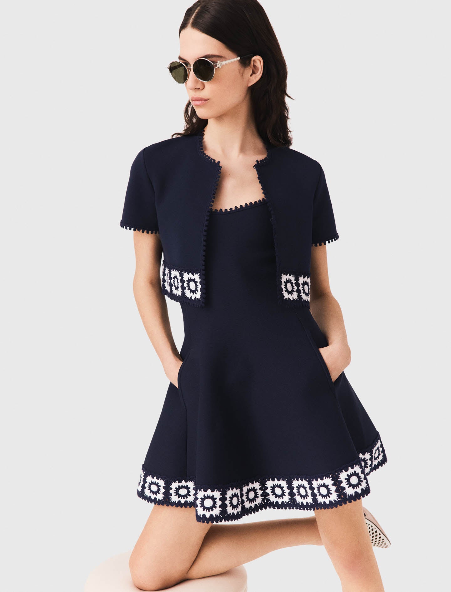 Cardigan with crochet panels Navy