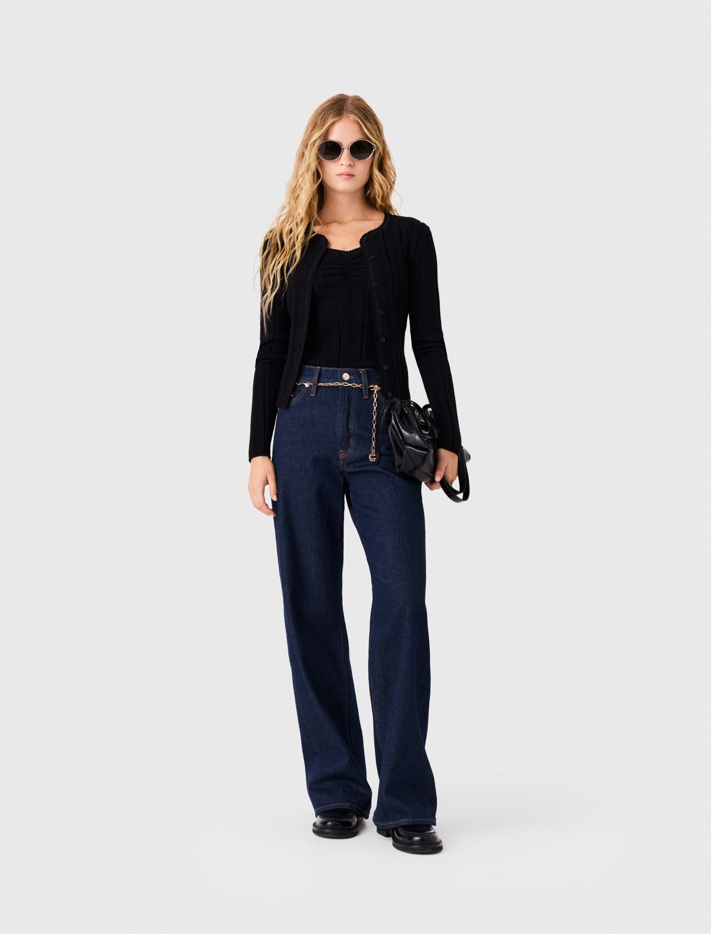 Pointelle knit twinset Black