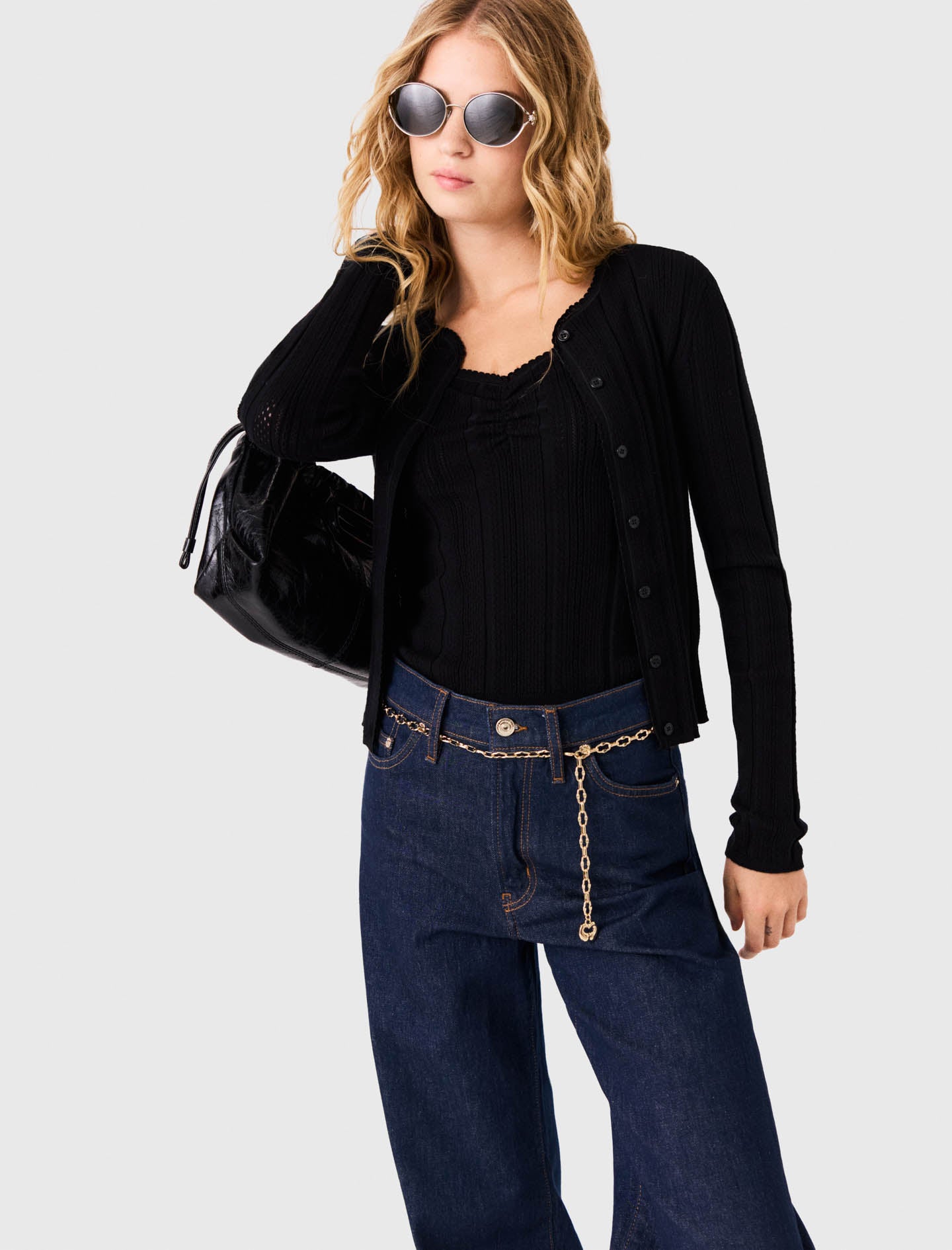 Pointelle knit twinset Black