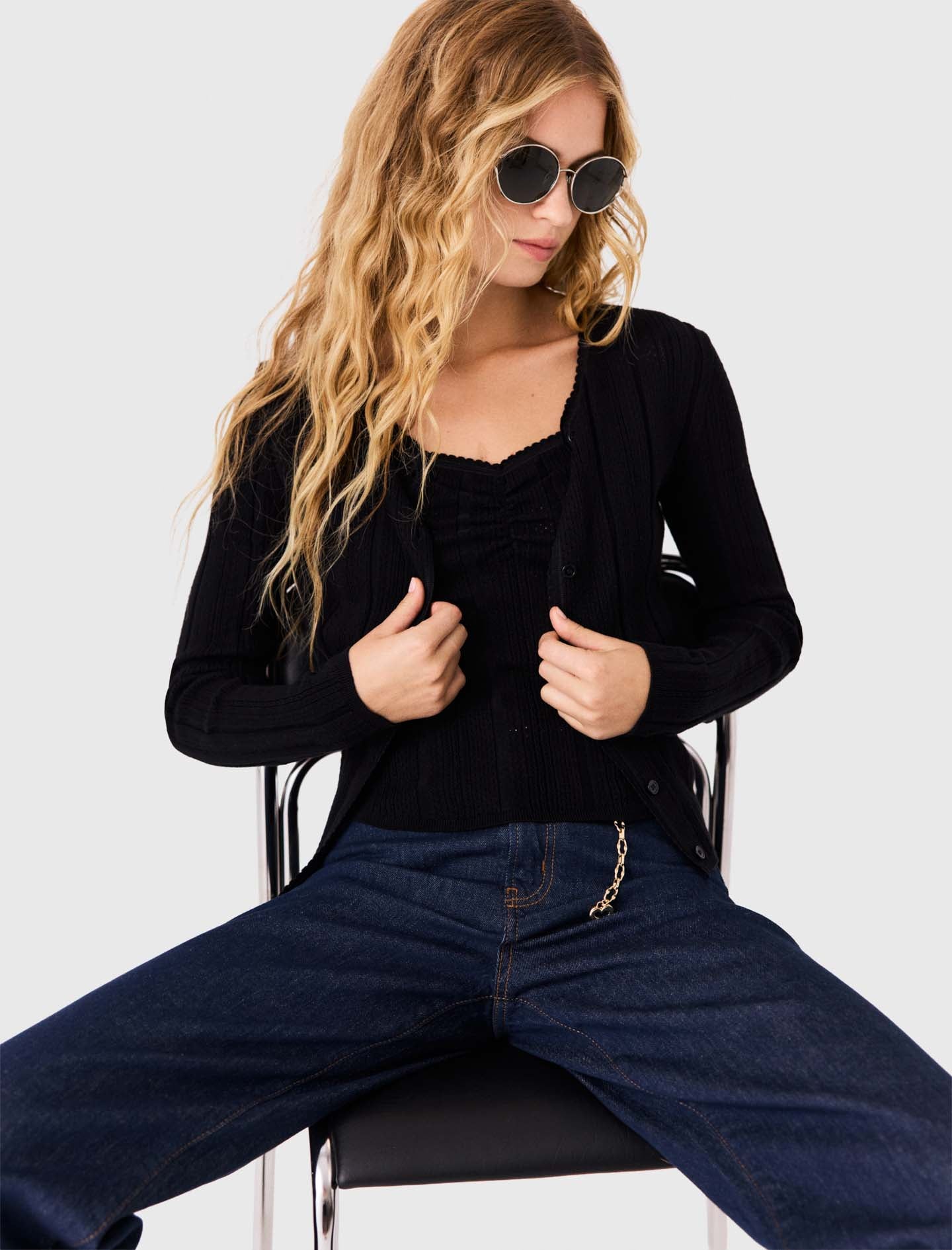 Pointelle knit twinset Black